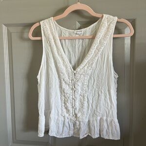 Women's White Sleeveless Crochet Button Front Top